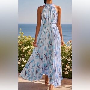 NWT FEHAUTE s8 floral chiffon halter maxi-beautiful gown in blues-full skirt